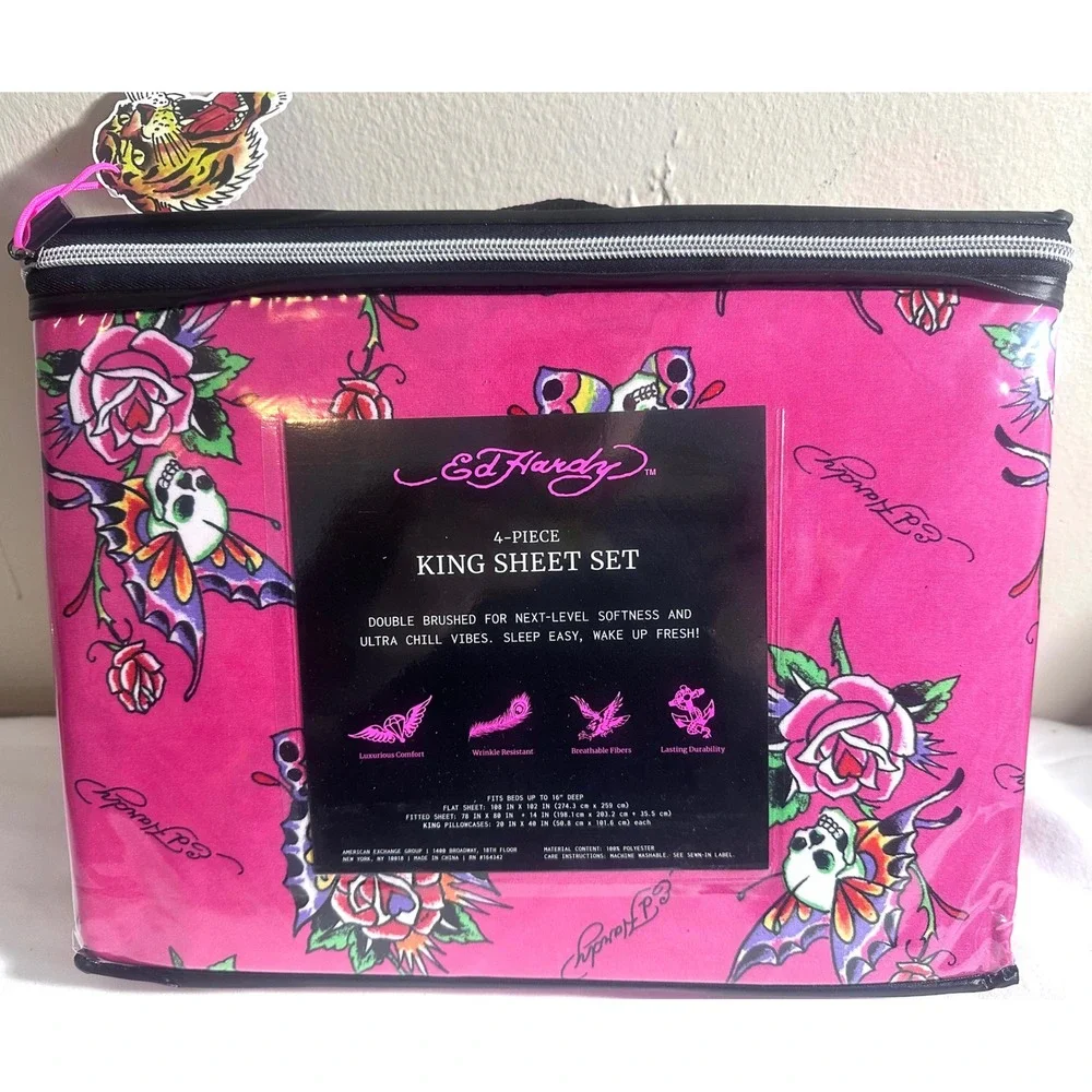 Ed Hardy King Sheet Set 4pc Pink Skull Butterfly Rose Tattoo Y2K Whimsigoth NEW
